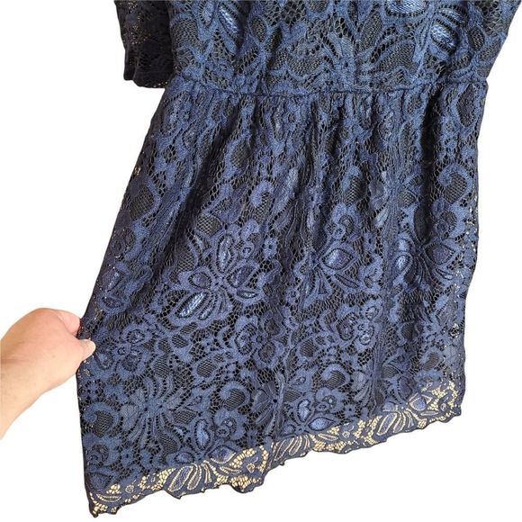 Navy Blue Dress with Elastic Waist 3/4 Sleeves and Lace Overlay - Picture 13 of 16